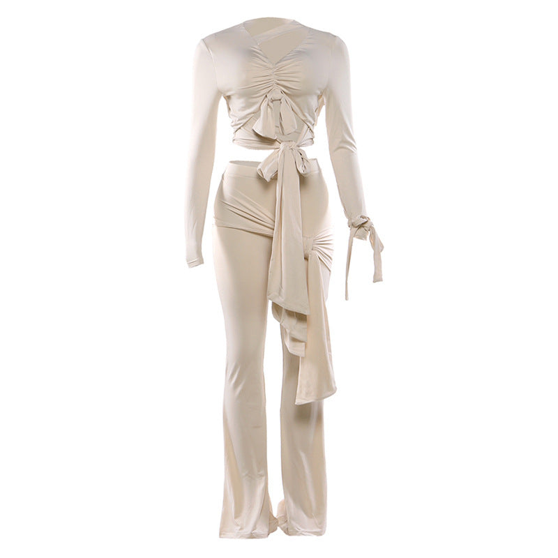 Street Creative V-Neck Fitted Crop Top with Tie-Up Detail and Pants Set for Women