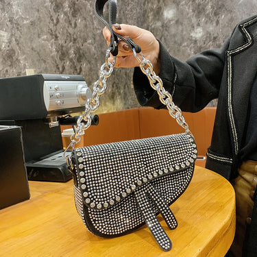 Elegant Women's Bag Sparkling Diamond Pure Color Saddle Handbag Luxury Chain Strap PU Leather Crossbody Bag