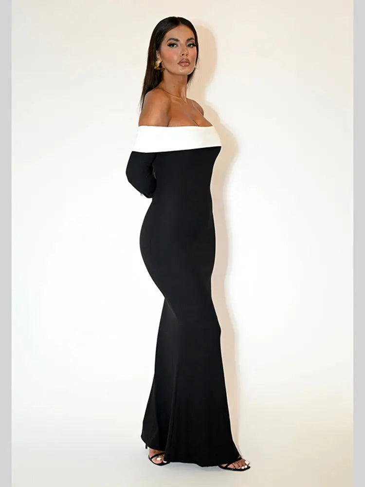 Shoulder Contrast Color Knitted Maxi Dress Women Long Sleeve Bodycon Dresses Summer Female Chic Party Evening Robe