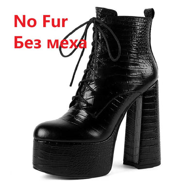 Elegant Mature Women Ankle Boots Cross-Tied Platforms Genuine Leather High Heels Party Office Autumn Winter Shoes