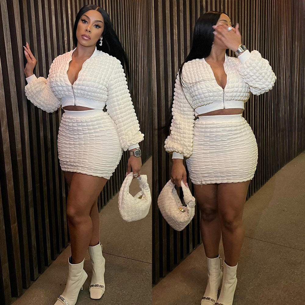 Fashion Casual Fitted Bubble Grid Zipper Top and Pencil Skirt Set