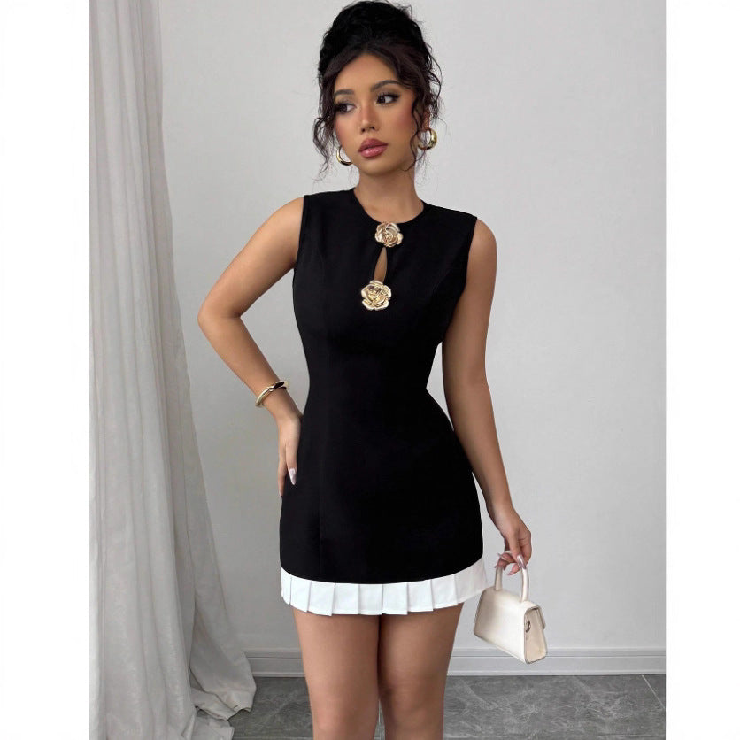 Elegant Rose Front Button Sleeveless Round Neck Fitted Dress