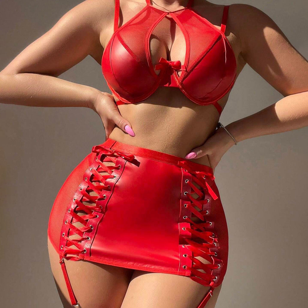 Transparent Temptation Lingerie Set with Seductive Leather Jacket and Bodycon Skirt Underwear Garter Belt Four-Piece Set
