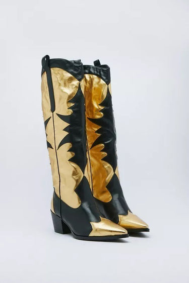Thick heeled women's shoes, long and short boots, gold stitching women's shoes