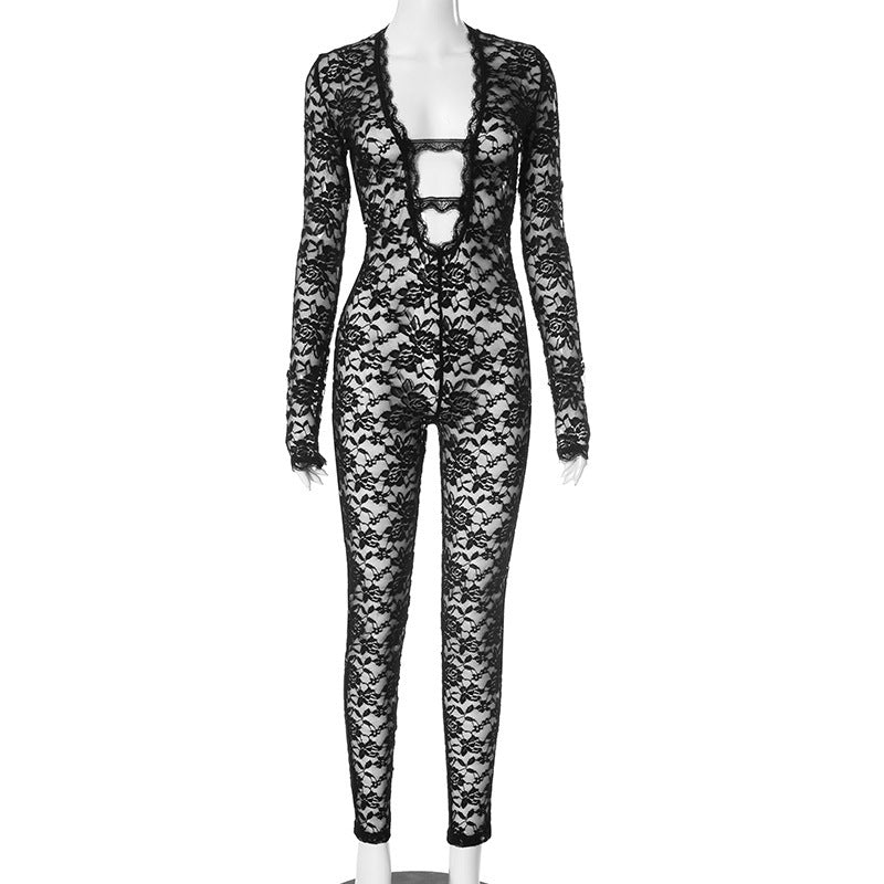 Style Women's Ins New Lace Sheer Zipper Sexy Chic Club Bodysuit