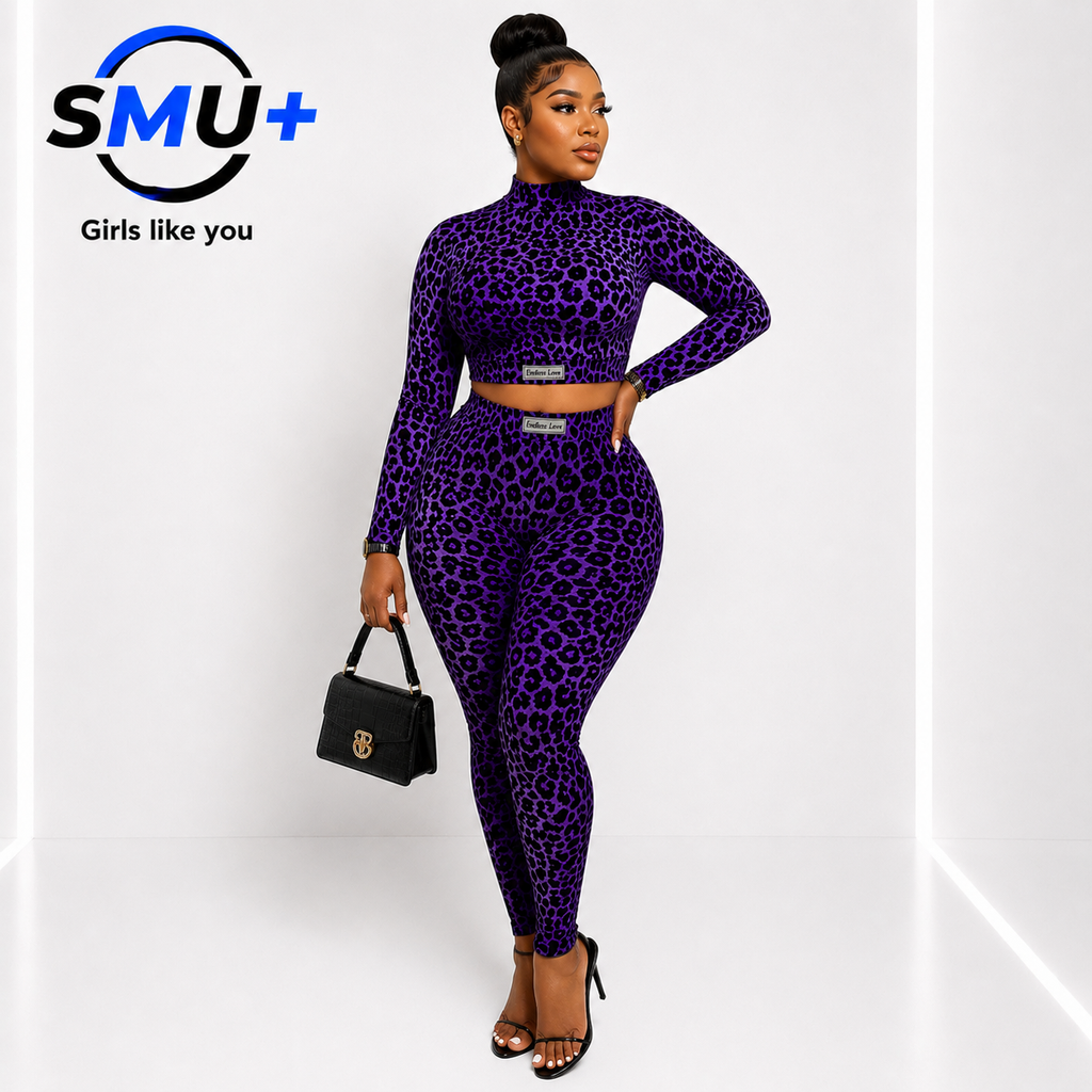 Fashion Leopard Print Long Sleeve Top High Waist Two-Piece Set Women's Outfit