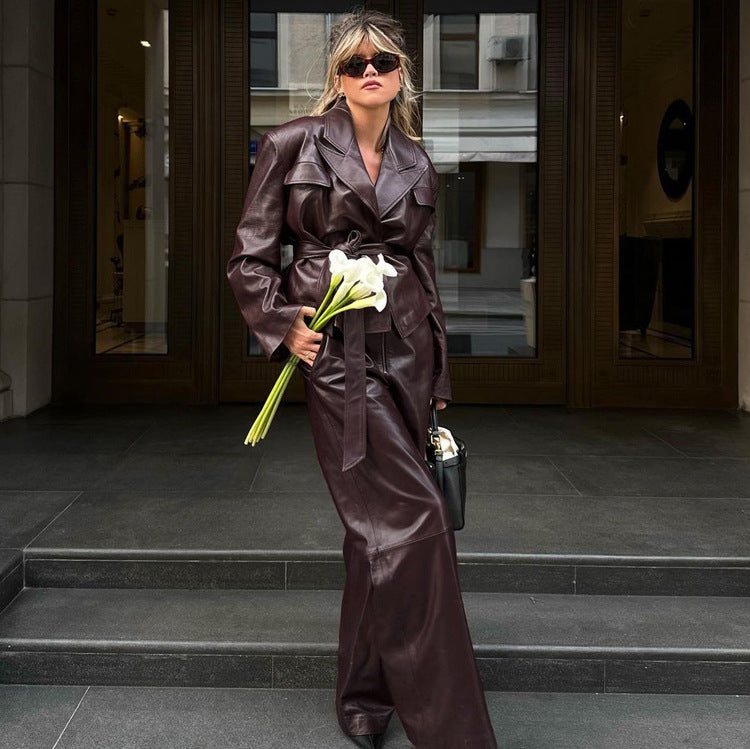 Spring and Autumn New Vintage Green Fruit Collar with Belt, Leather Jacket, High Waist Leather Pants, Fashion Set for Women