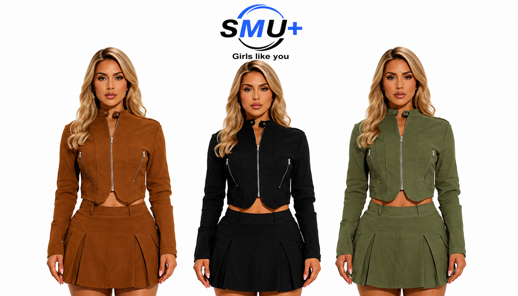 Women's long sleeved zipper top and short skirt set