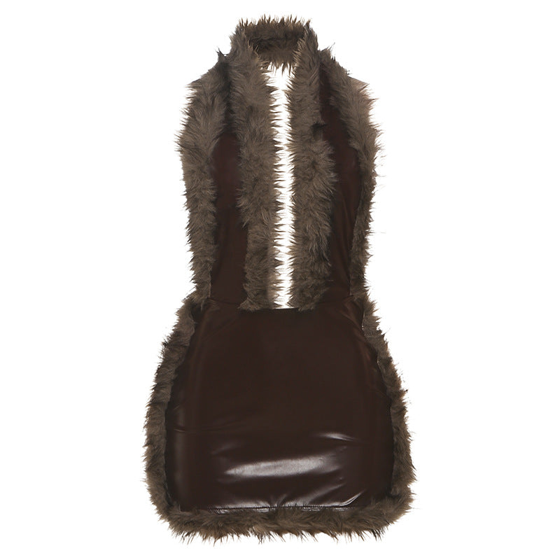 New sexy street trendy leather patchwork sleeveless hanging neck and hip hugging dress
