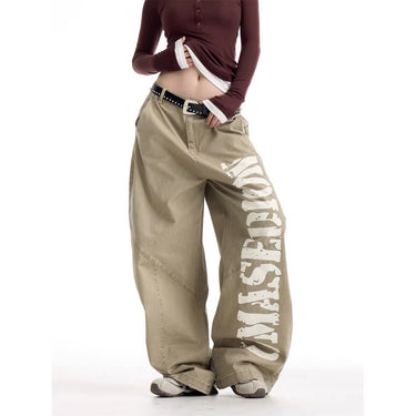 Vintage Retro Streetwear Style Printed High-Waisted Utility Denim Pants