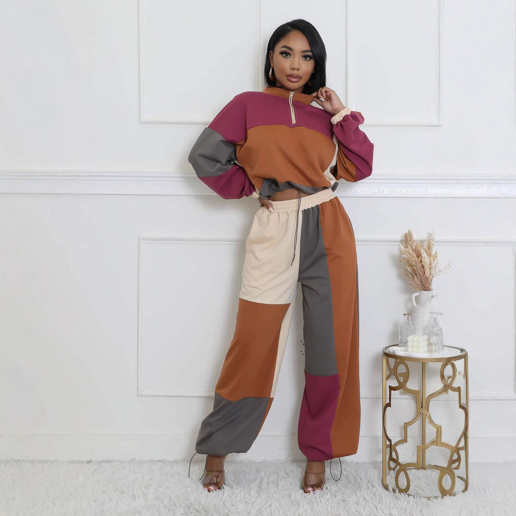 Sporty Woven Two-Piece Set with Zipper and Drawstring Design, Color-Blocked Printed Outfit smu plus