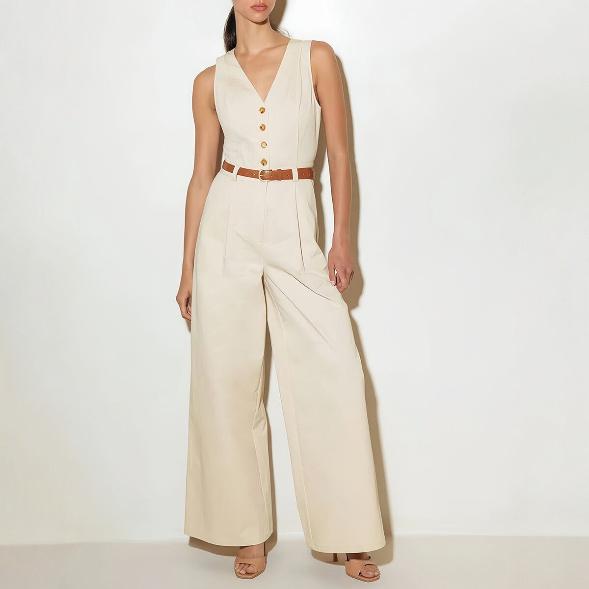 V-Neck Sleeveless High-Waisted Wide-Leg Jumpsuit Fashion Chic Office Wear Women's Clothing