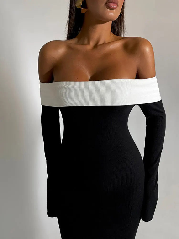 Shoulder Contrast Color Knitted Maxi Dress Women Long Sleeve Bodycon Dresses Summer Female Chic Party Evening Robe