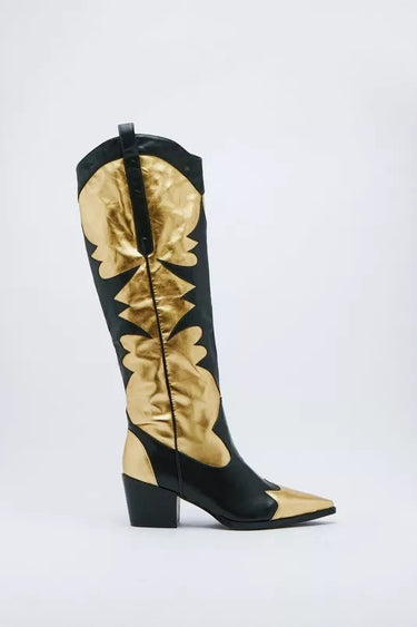 Thick heeled women's shoes, long and short boots, gold stitching women's shoes