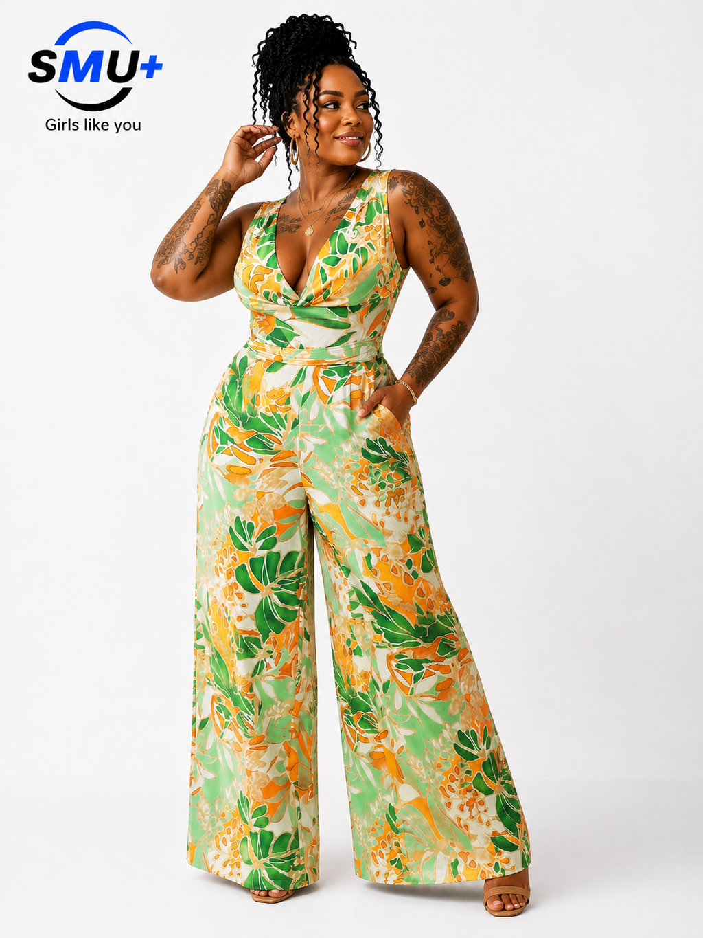 Sleeveless lace up wide leg printed jumpsuit