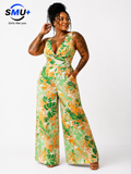 Sleeveless lace up wide leg printed jumpsuit