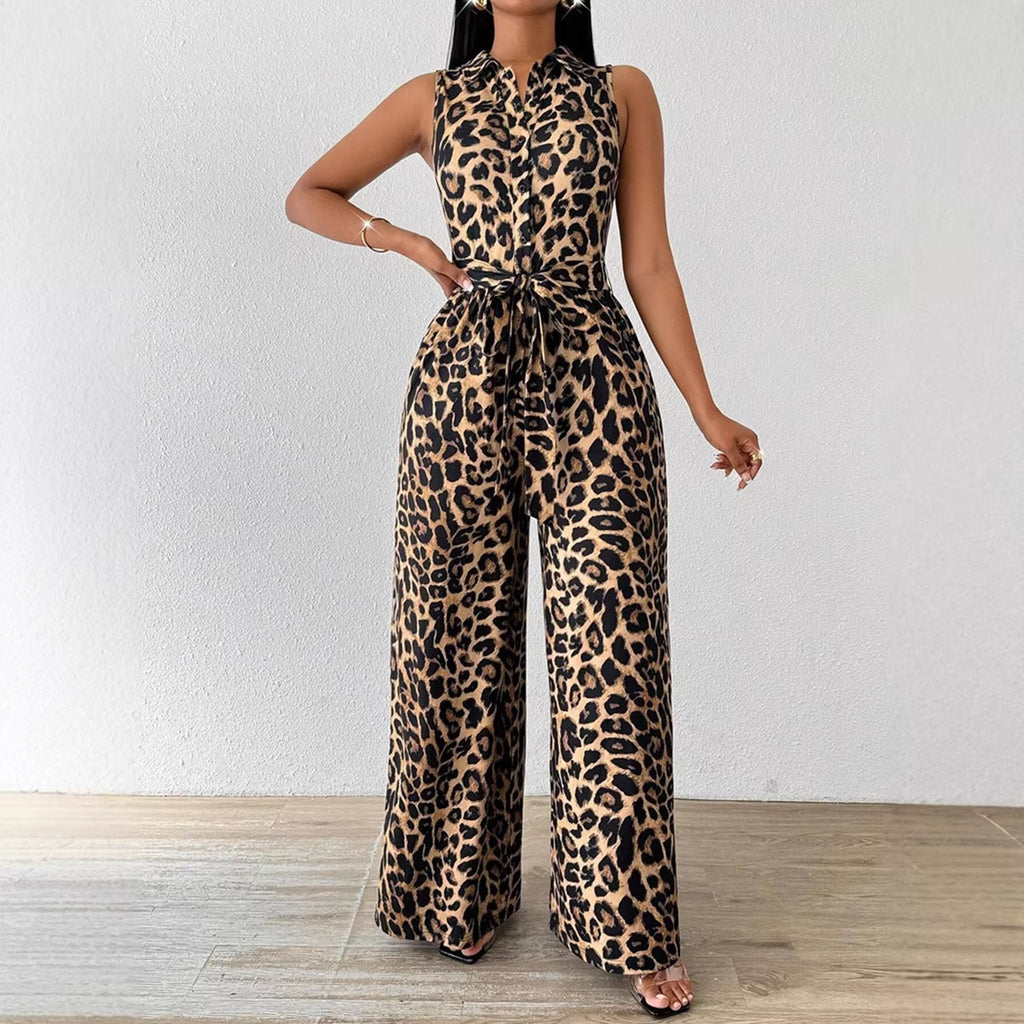 Sleeveless leopard print jumpsuit