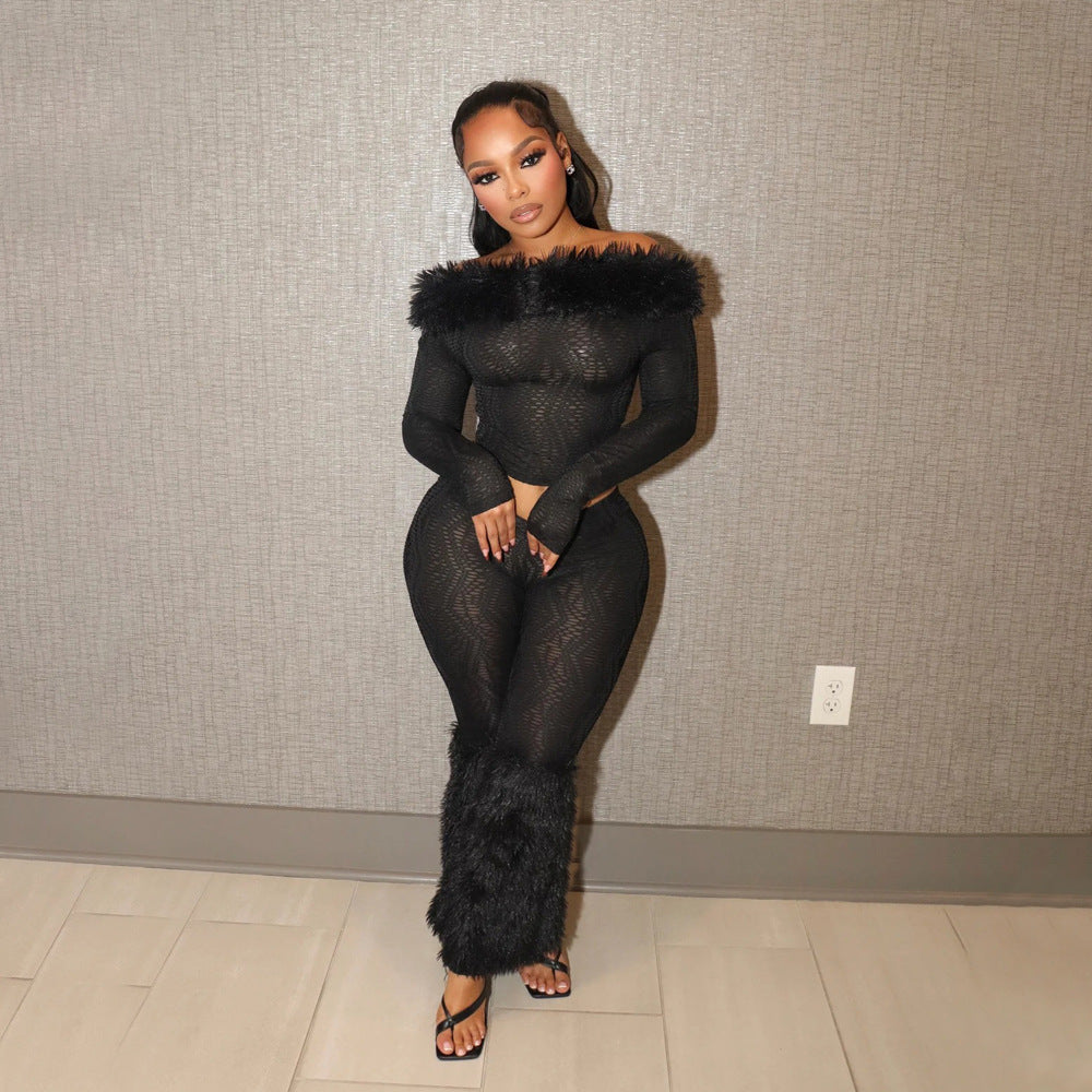 Long Sleeve One-Shoulder Top and Fitted Trousers Fluffy Two-Piece Set