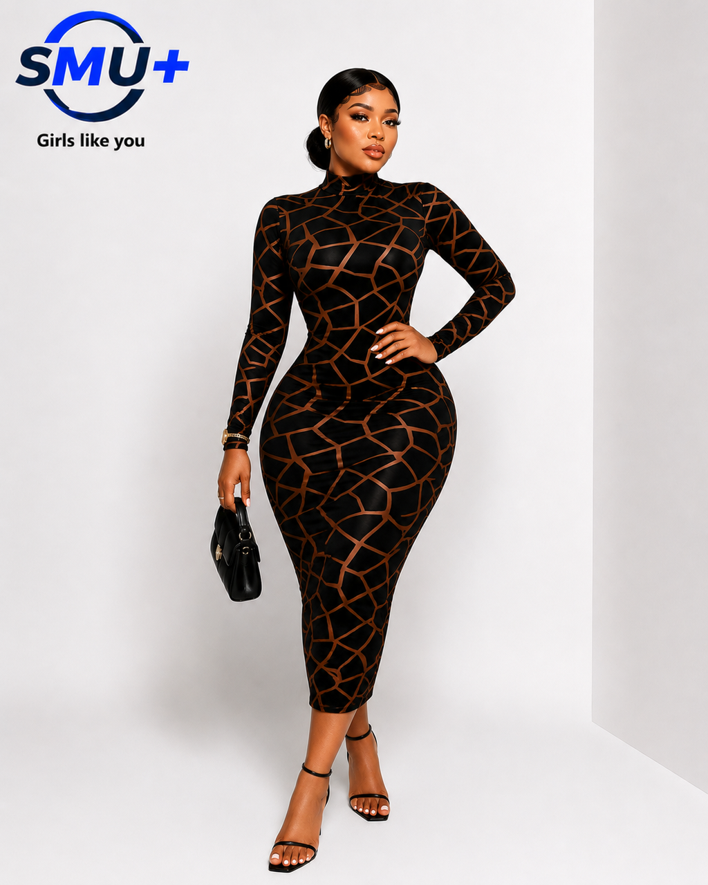 Fashion Summer Women Long Sleeve Sheer Dress See Through Mid Calf Mesh Print Dress Sexy Night Party Club Dress Vestidos
