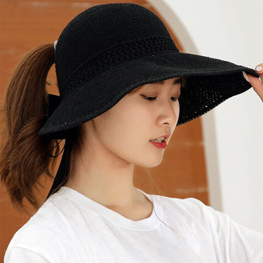 Womens Summer Foldable Straw Weave Long Ribbon Bowknot Open Top Ponytail Wide Wavy Brim Hollow Beach Bucket Beach Caps