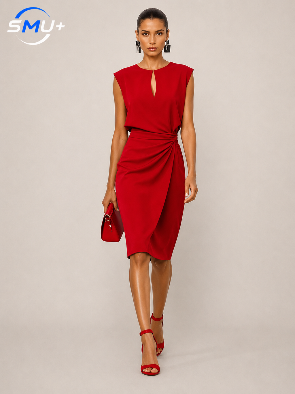 Solid color pleated waist cinched round neck hollow out women's dress