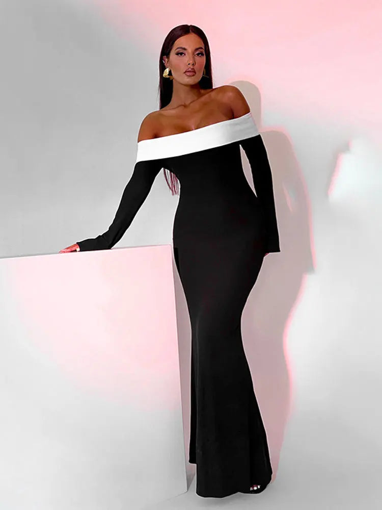 Shoulder Contrast Color Knitted Maxi Dress Women Long Sleeve Bodycon Dresses Summer Female Chic Party Evening Robe