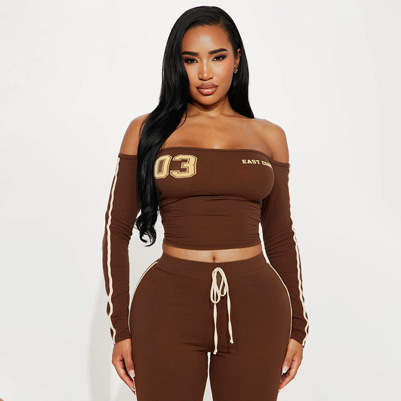 Off-Shoulder Letter Long Sleeve Top and Wide Leg Pants Athletic Set