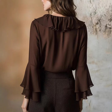 Charming Ruffle Blouse for Women, V-Neck Long Sleeve Shirt Elegant Style Feminine Top