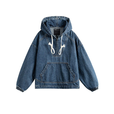 Deconstruction Patchwork Half-Zip Hooded Denim Jacket Men