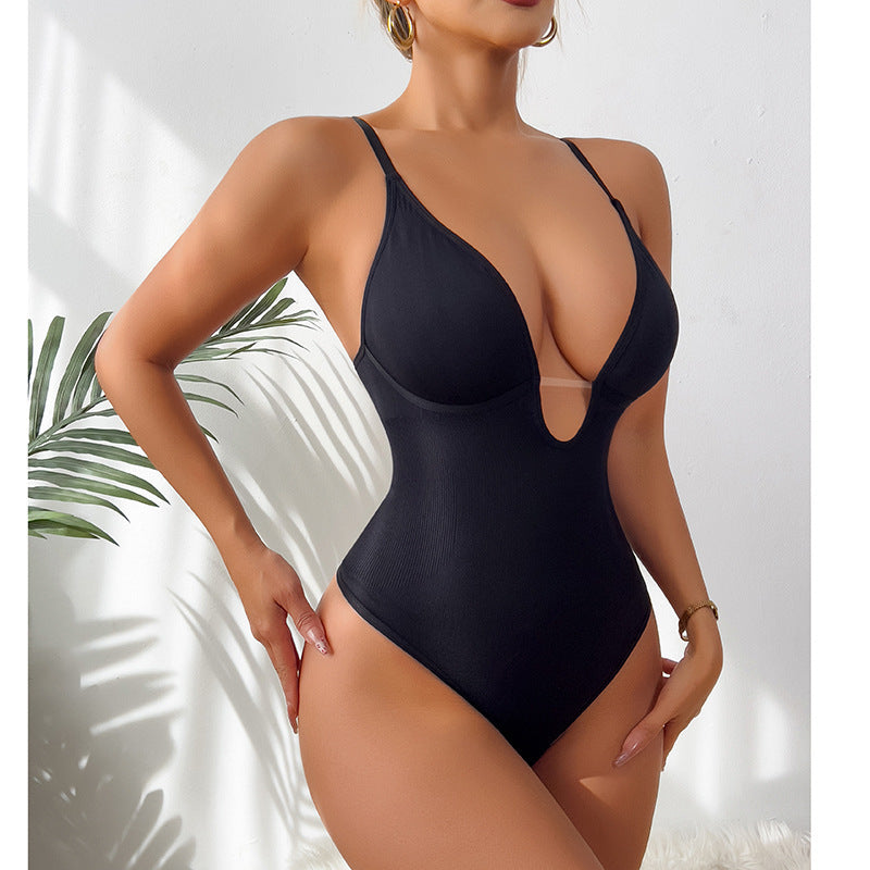 Fashion Style  Pattern Style  Neckline Fit Type  Type of Clothing Style Solid Color Deep V-Neck  Fitted  Bodysuit with Thong