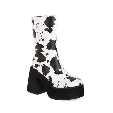 Cow Pattern Colorblock Platform Chunky High Heel Women's Mid Boots