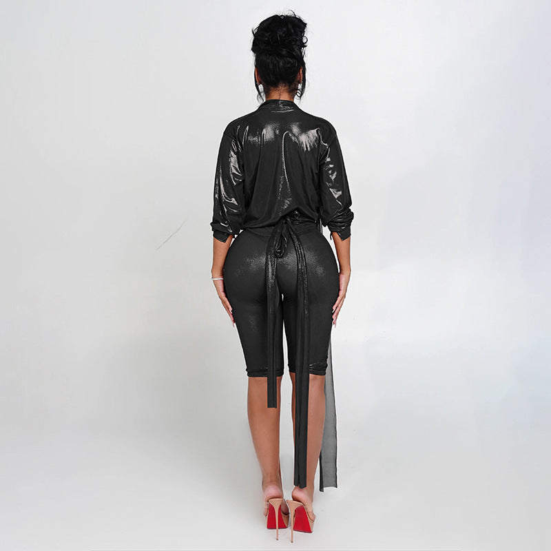 Autumn Fashion Trendy Tied Top with Five-Quarter Pants and Skinny Pants Two-Piece Set