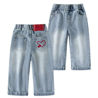 Girls' Fashionable Wide-Leg Denim Pants Spring Autumn Casual Style Long Pants for Kids