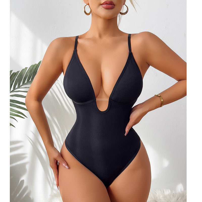 Fashion Style  Pattern Style  Neckline Fit Type  Type of Clothing Style Solid Color Deep V-Neck  Fitted  Bodysuit with Thong