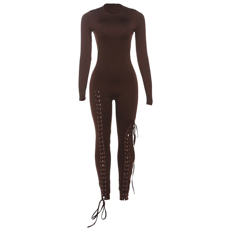 Autumn Winter Women's New Long Sleeve Fashion Sexy Cut-Out Tie-Up Bodycon Long Jumpsuit