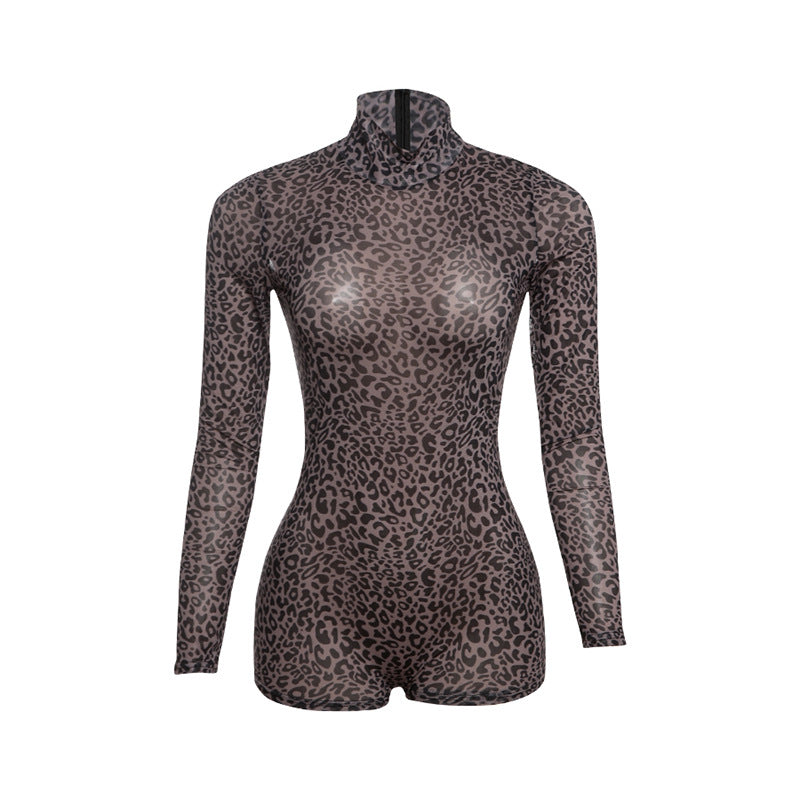Fashion Sexy Leopard Print High Neck Slim Fit Bodycon Jumpsuit for Women