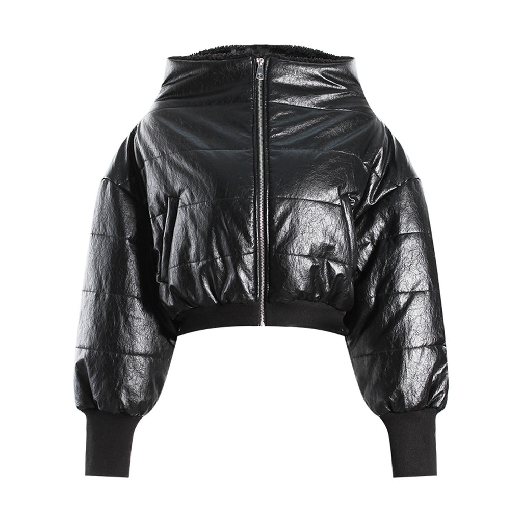 Small niche short bread jacket with multiple wearing styles and plush cotton jacket with large collar design