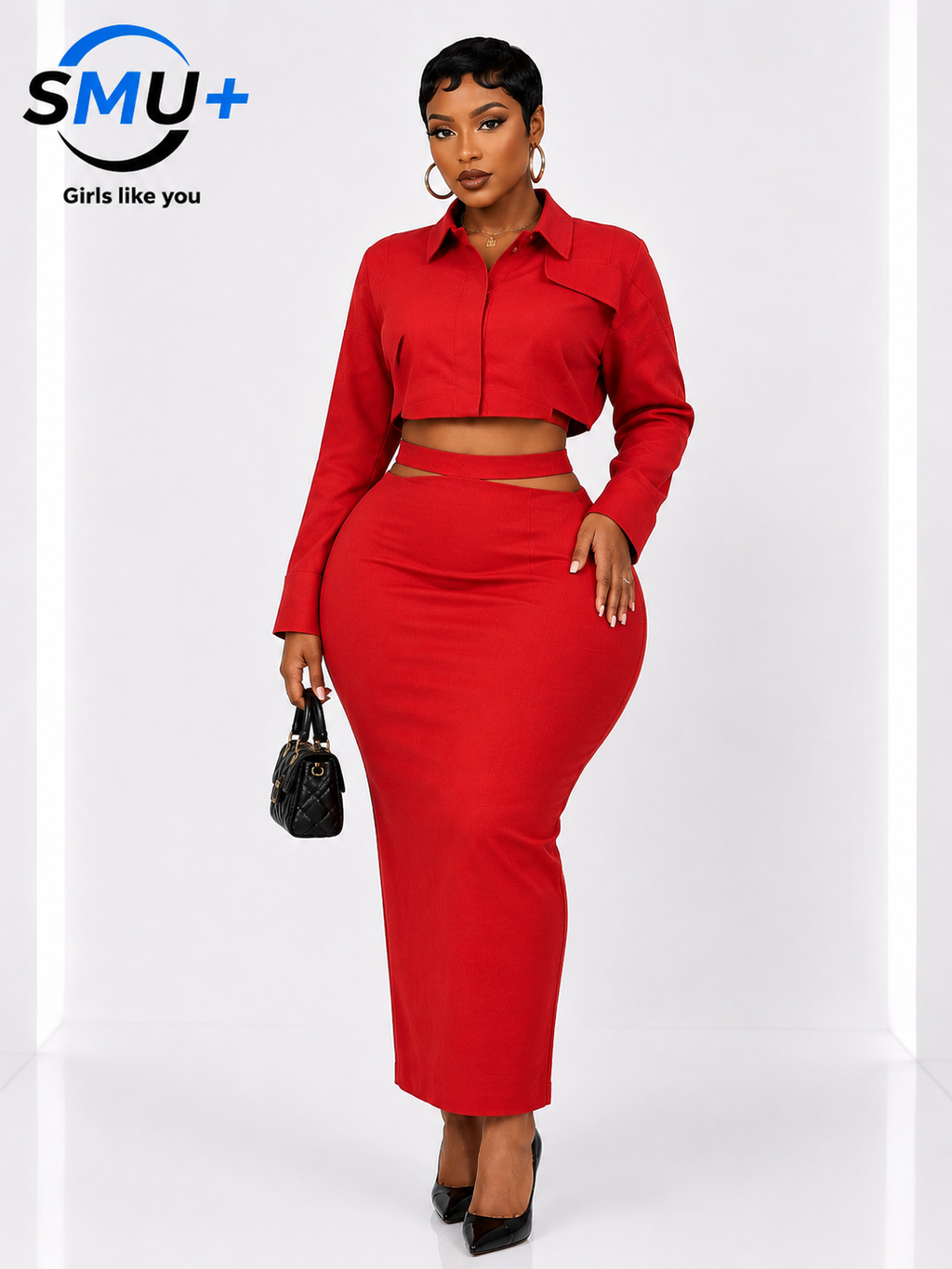 Solid Casual Two Piece Set For Women Lapel Collar Long Sleeve Short Top High Waist Slim Skirt Female  Fashion Set