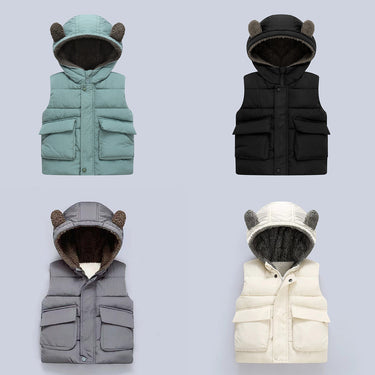 Fleece-Lined Warm Kids Vest, Solid Color Cute Hooded Kids Vest Sleeveless Vest