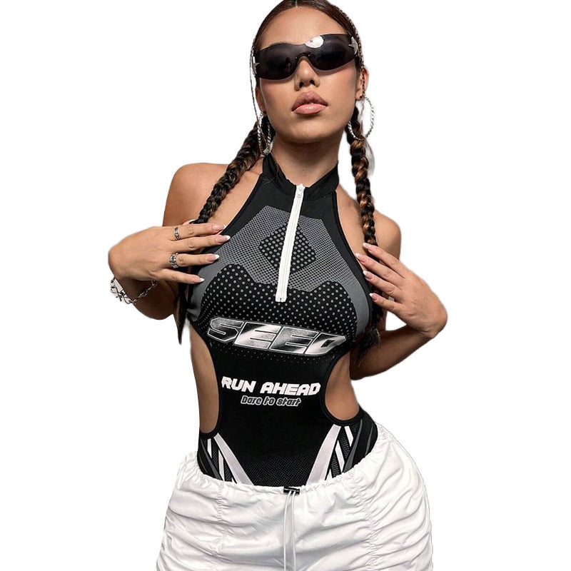 Letter Print Sleeveless Hollow Out Bodycon Bodysuit for Women