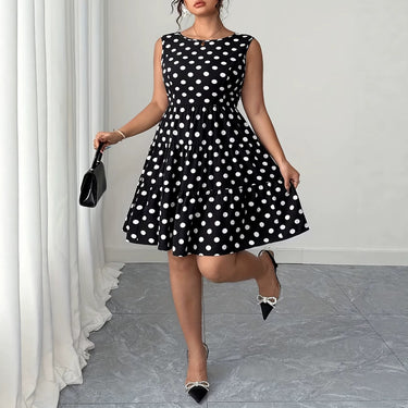 Polka Dot Print Dress with Color Block Bow, Plus Size Women's Dress