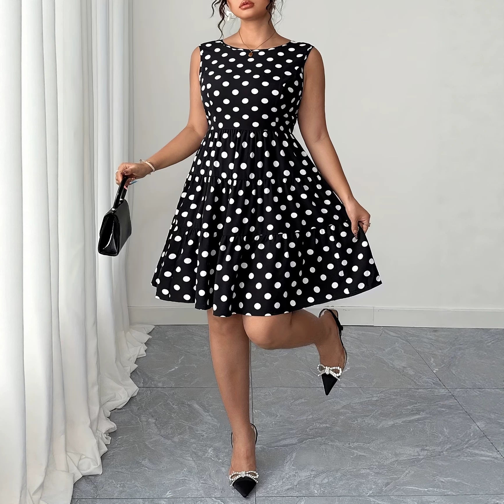Polka Dot Print Dress with Color Block Bow, Plus Size Women's Dress