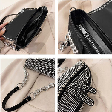 Elegant Women's Bag Sparkling Diamond Pure Color Saddle Handbag Luxury Chain Strap PU Leather Crossbody Bag