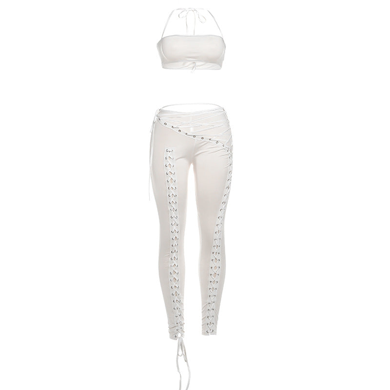 Style Solid Color Halter Neck Tie-Back Top with Belted Sexy Pants Two-Piece Set