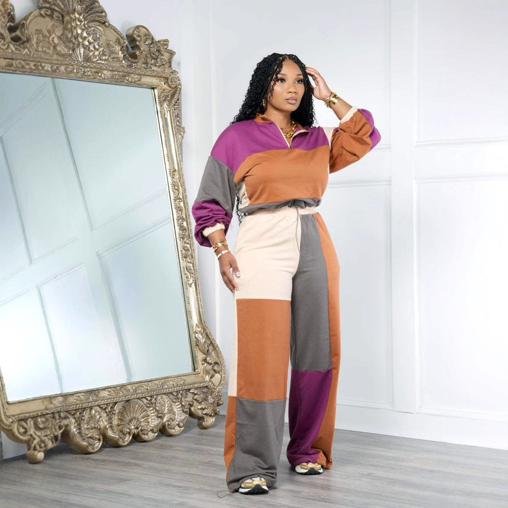 Sporty Woven Two-Piece Set with Zipper and Drawstring Design, Color-Blocked Printed Outfit smu plus
