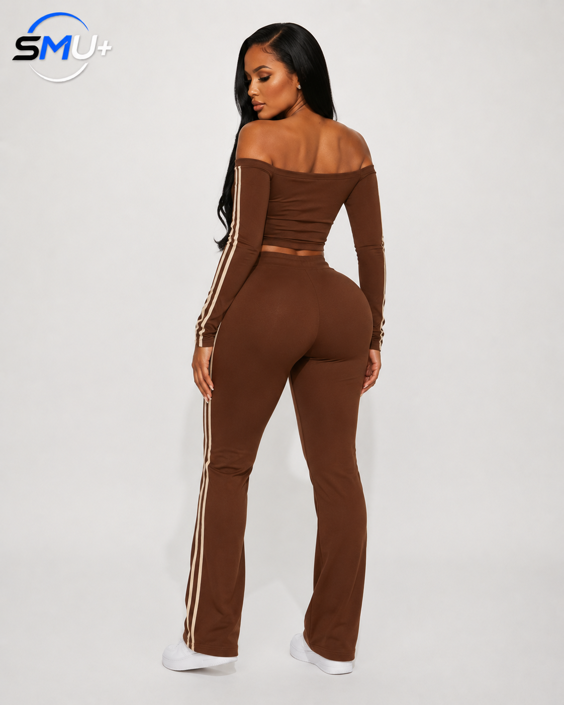Off-Shoulder Letter Long Sleeve Top and Wide Leg Pants Athletic Set