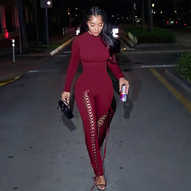Autumn Winter Women's New Long Sleeve Fashion Sexy Cut-Out Tie-Up Bodycon Long Jumpsuit