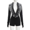 Solid Color Sexy Fur Collar Deep V-Neck Long Sleeve Fitted Jumpsuit