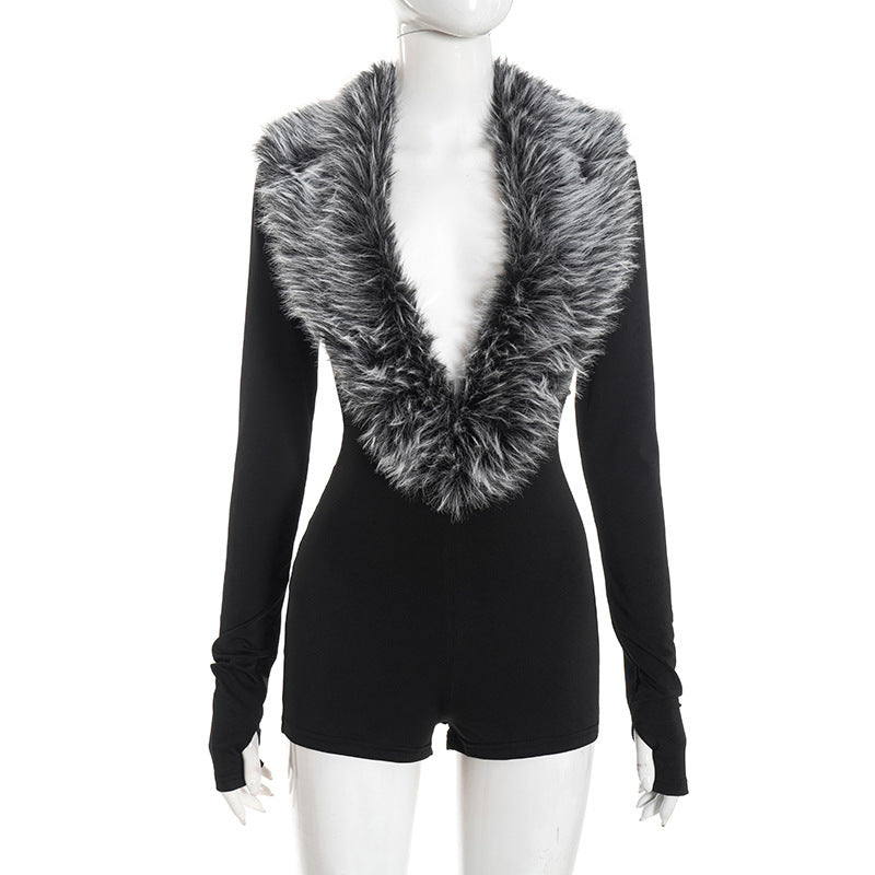 Solid Color Sexy Fur Collar Deep V-Neck Long Sleeve Fitted Jumpsuit