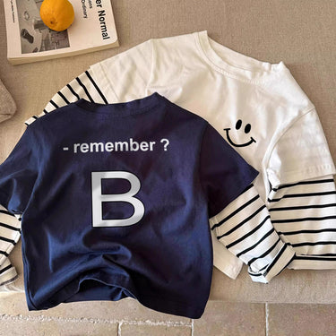 Unisex Kids Long Sleeve Striped Mock Two-Piece Casual Versatile Base Layer Top